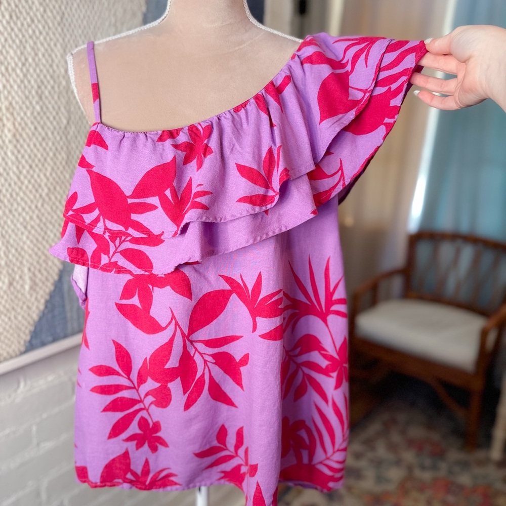 Old Navy Pink and Purple Floral Asymmetrical Ruffle Shoulder Tank Top